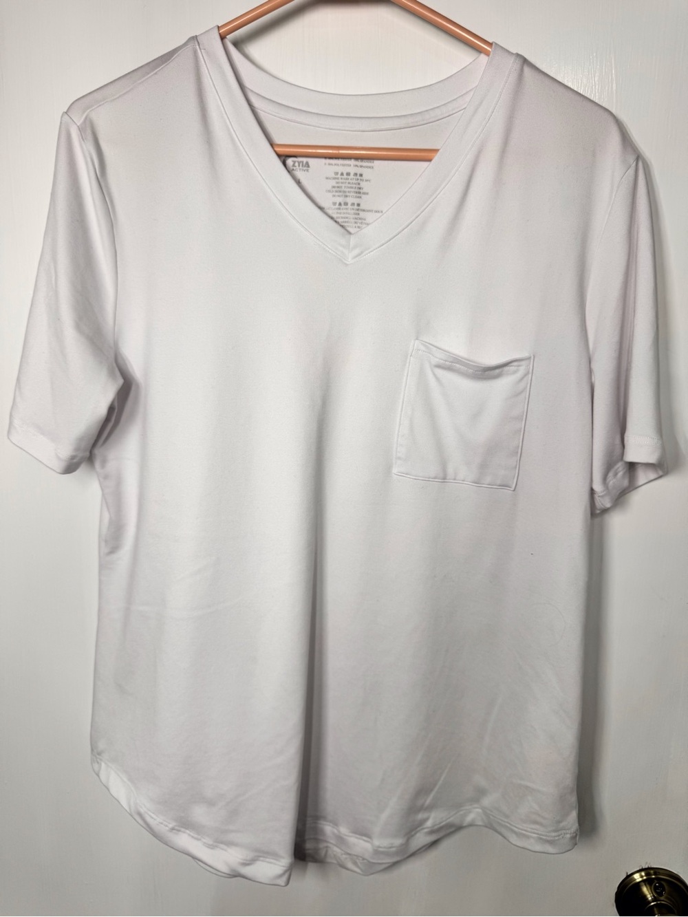 ZYIA White V-Neck Pocket Tee - Women’s Short Sleeve